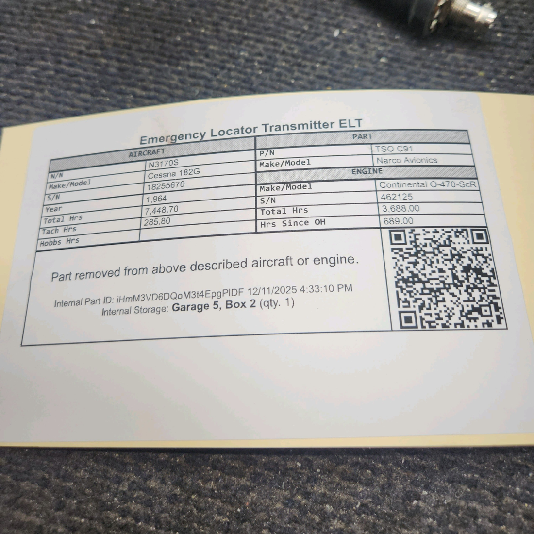 Used aircraft parts for sale, TSO C91 Narco Avionics Cessna 182G Emergency Locator Transmitter ELT