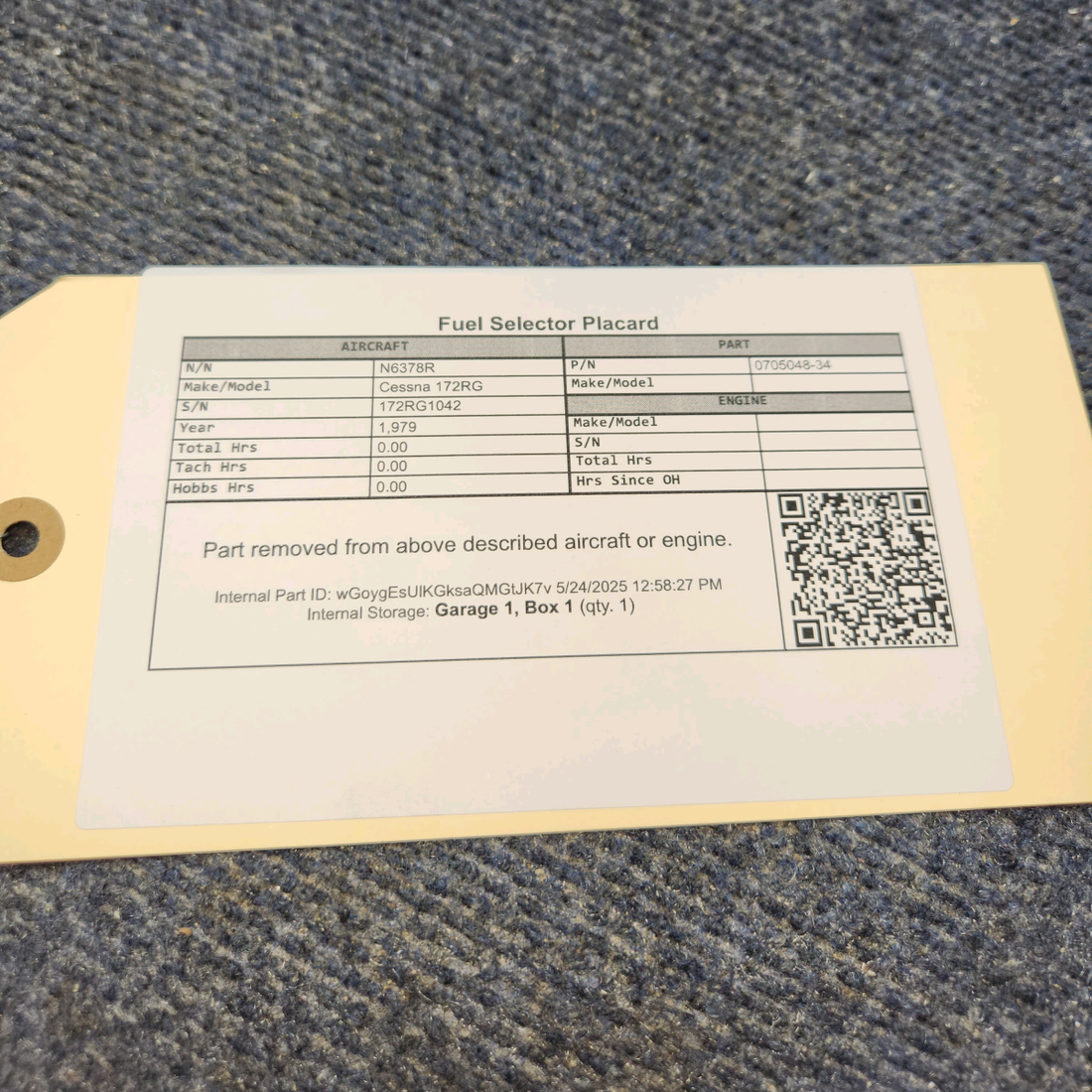 Used aircraft parts for sale, 0705048-34 Cessna 172RG Fuel Selector Placard