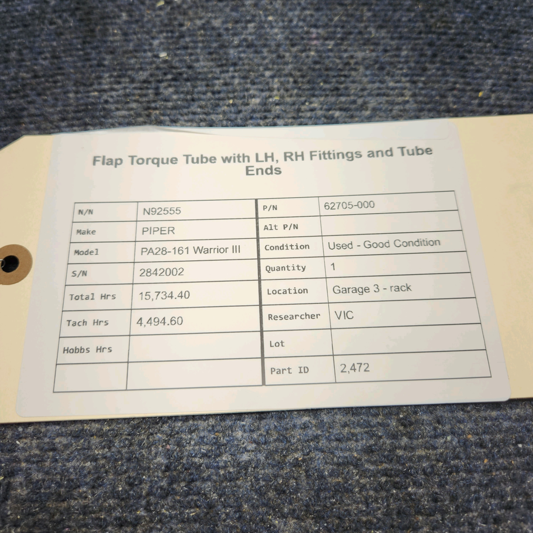 Used aircraft parts for sale, 62705-000 PIPER PA28-161 Warrior III FLAP TORQUE TUBE WITH LH, RH FITTINGS AND TUBE ENDS