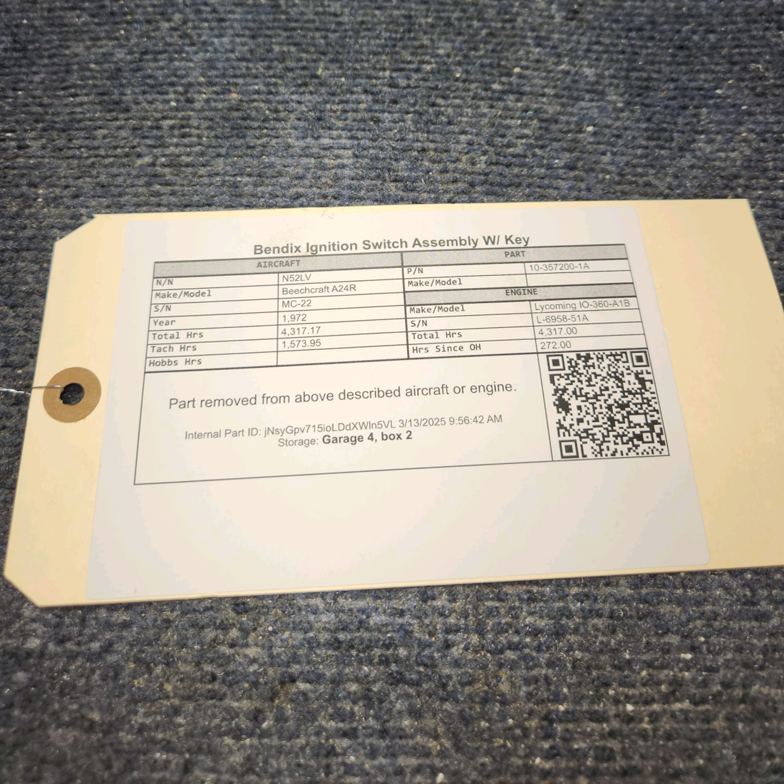 Used aircraft parts for sale, 10-357200-1A Beechcraft A24R Bendix Ignition Switch Assembly W/ Key