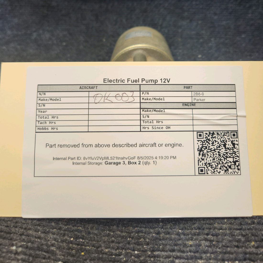 Used aircraft parts for sale, 2B6-9 Airborne Electric Fuel Pump 12V