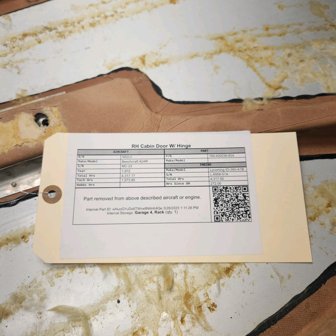 Used aircraft parts for sale, 169-420036-604 Beechcraft A24R RH Cabin Door W/ Hinge