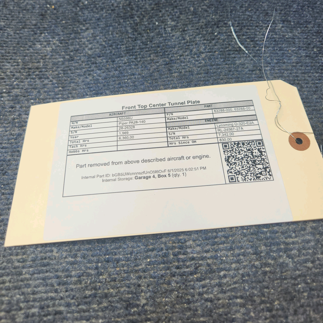 Used aircraft parts for sale, 63288-000 Piper PA28-140 Front Top Center Tunnel Plate