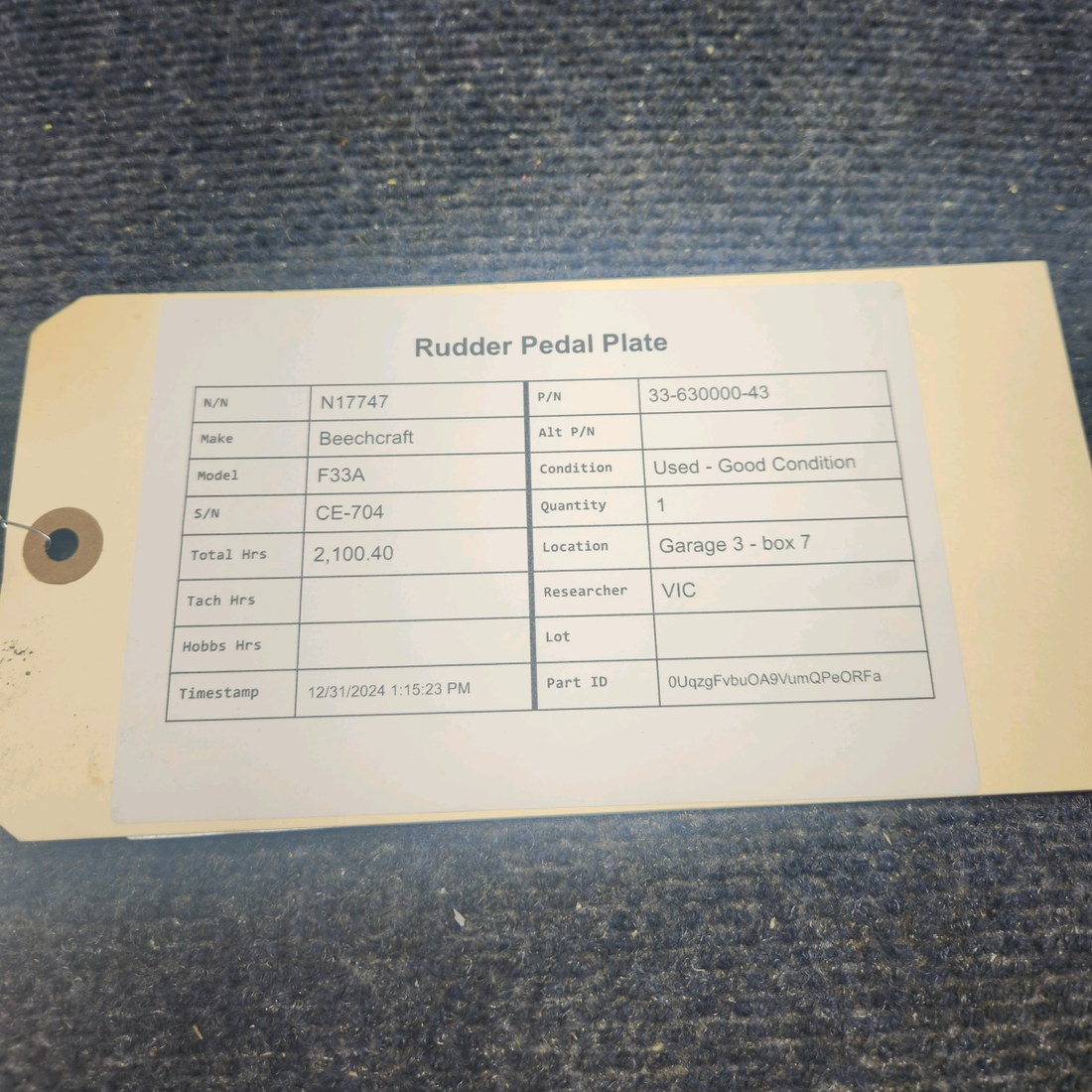 Used aircraft parts for sale, 33-630000-43 Beechcraft F33A RUDDER PEDAL PLATE
