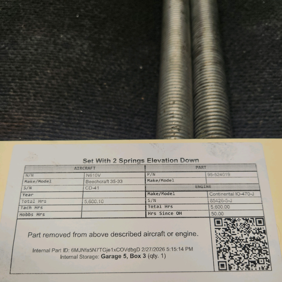 Used aircraft parts for sale, 95-524019 Beechcraft 35-33 Elevator Down Springs - Set of Two
