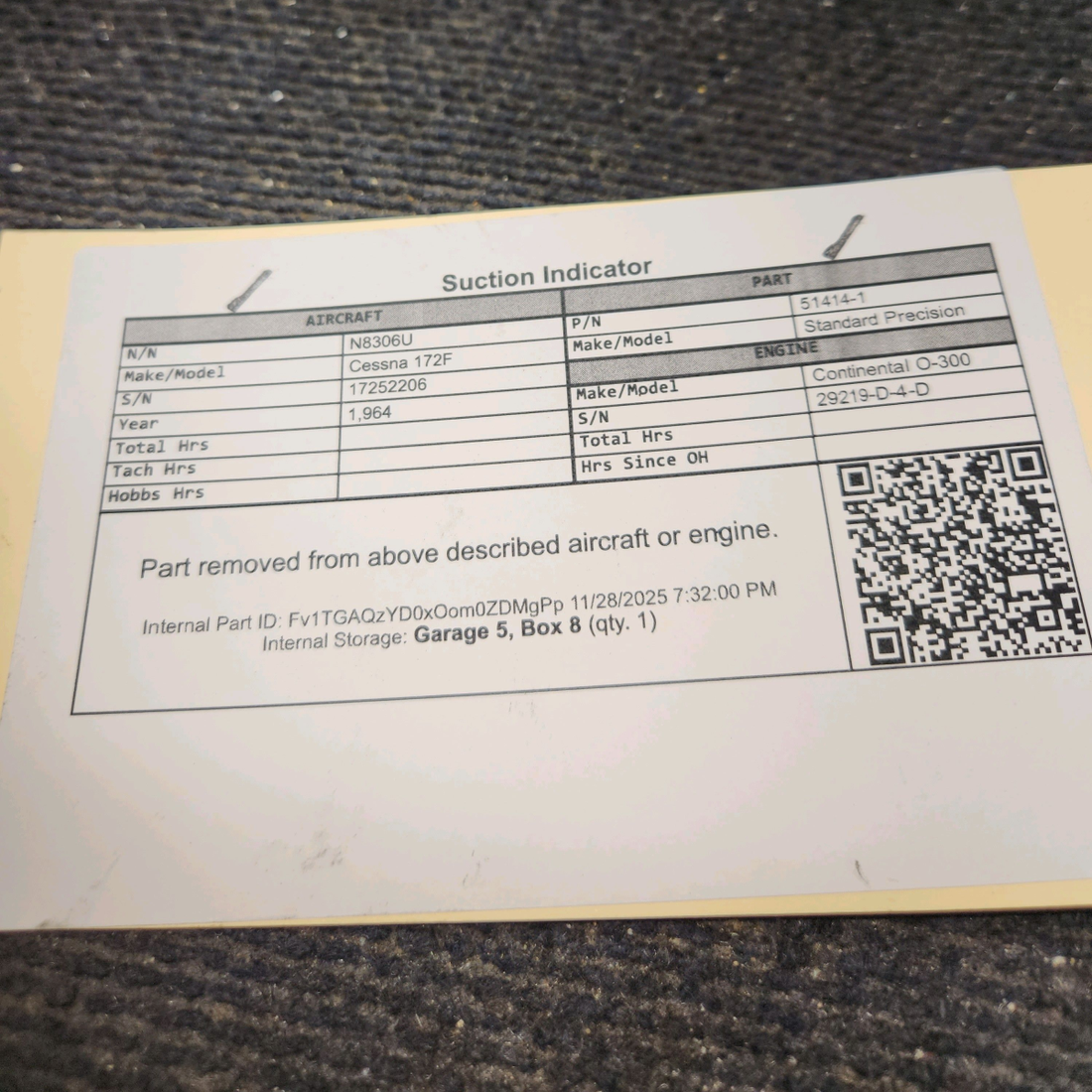 Used aircraft parts for sale, 51414-1 Standard Precision Cessna 172F Suction Indicator