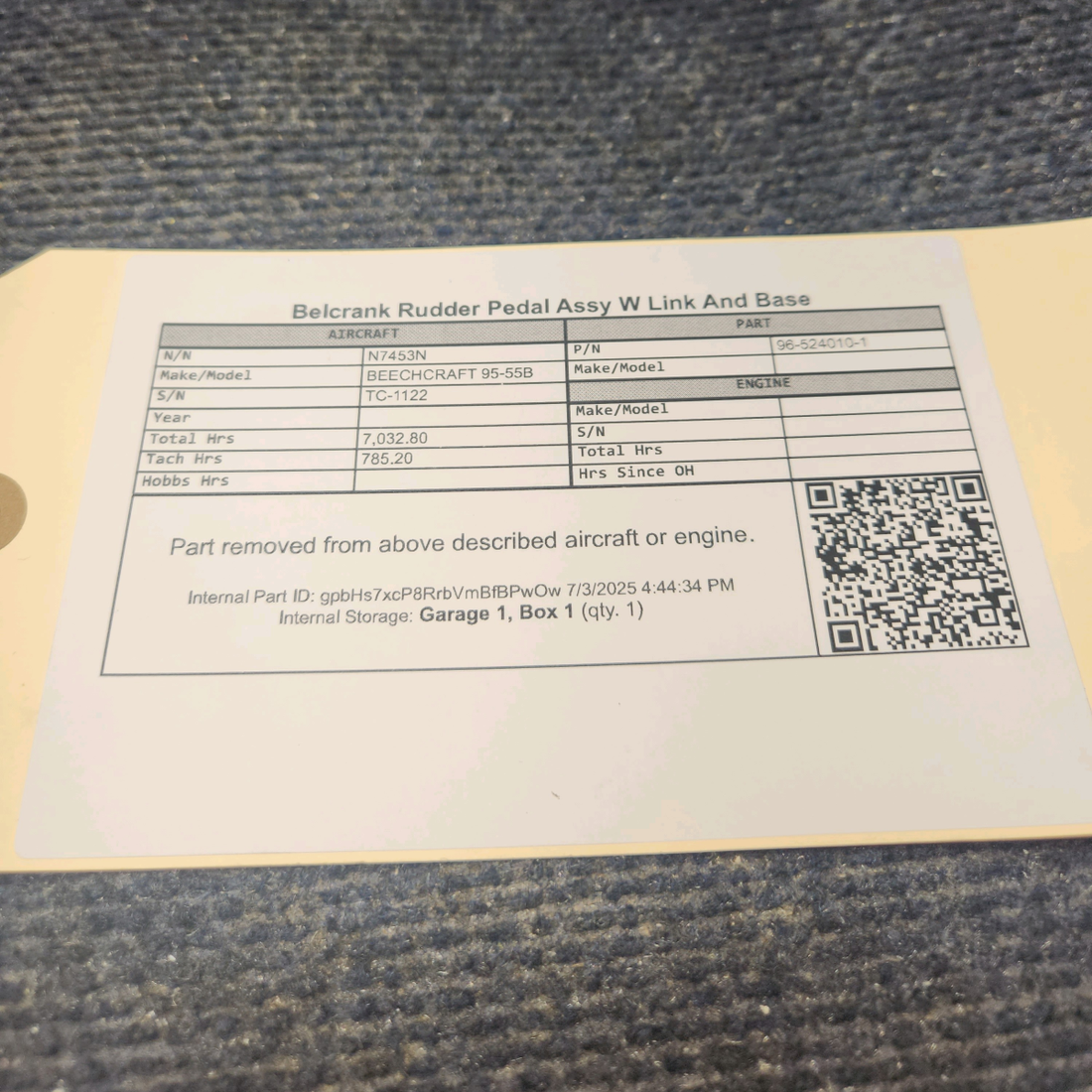 Used aircraft parts for sale, 96-524010-1 BEECHCRAFT 95-55B Bellcrank Rudder Pedal Assembly with Link and Base