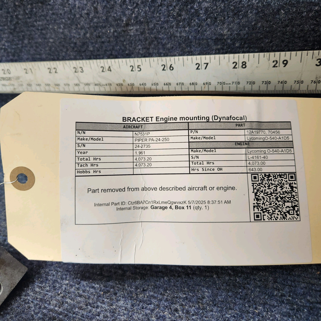 Used aircraft parts for sale, 12A19770 Lycoming O-540-A1D5 PIPER PA-24-250 BRACKET Engine mounting (Dynafocal)