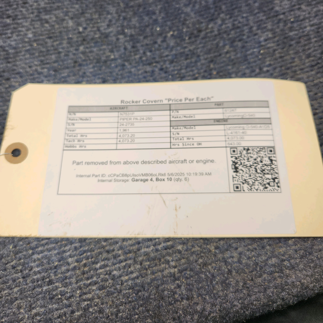 Used aircraft parts for sale, 61247 Lycoming O-540 PIPER PA-24-250 Rocker Covern "Price Per Each"