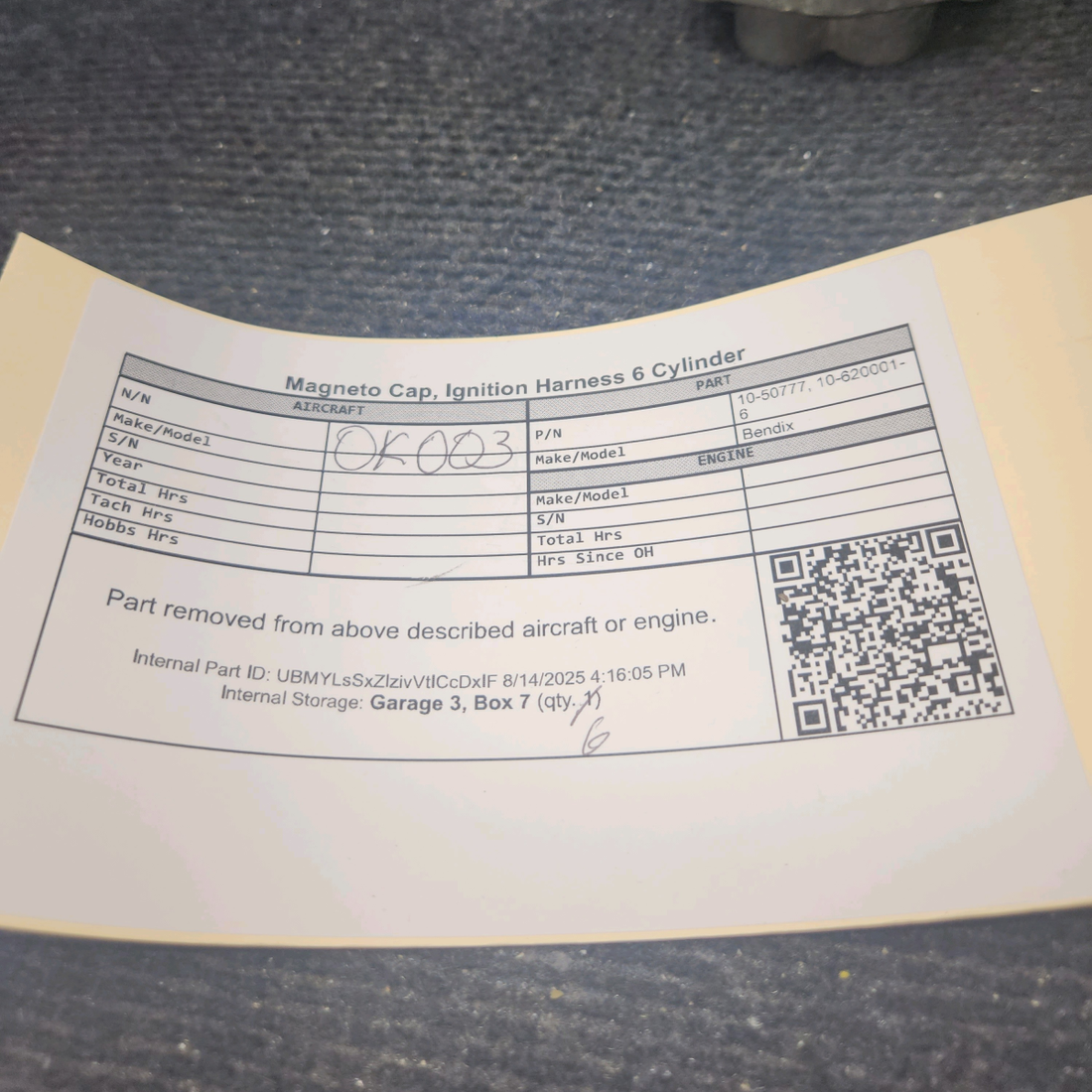 Used aircraft parts for sale, 10-50777 Bendix Magneto Cap - Ignition Harness 6 Cylinder