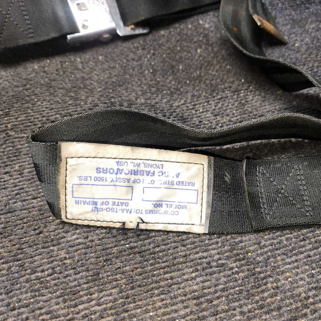 Used aircraft parts for sale, 551-390, 551-374 Aero Fabricators 90-91R60 Piper PA28-161 Safety Belt (Faded Tag)