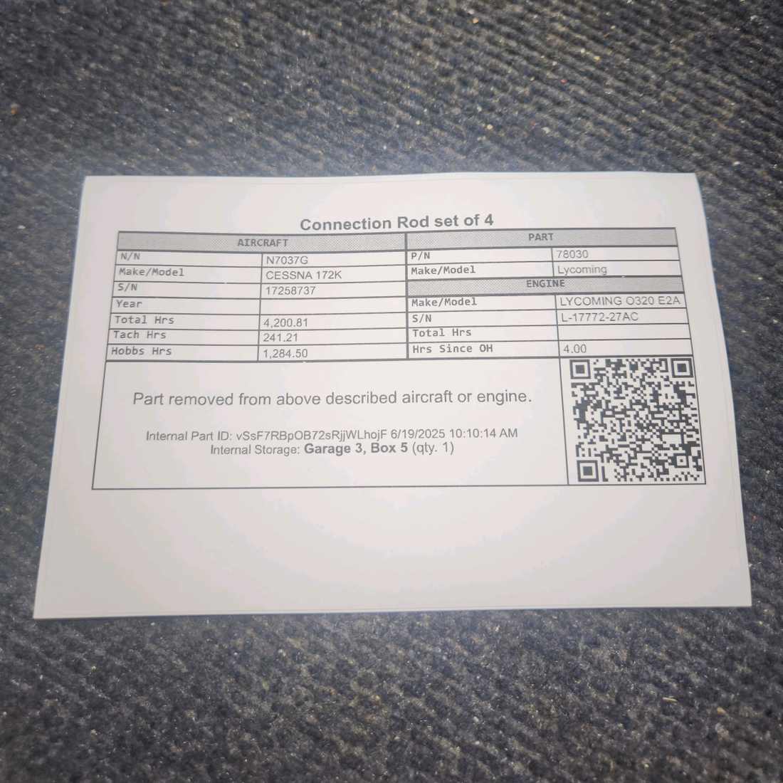 Used aircraft parts for sale, 78030 Lycoming O320 E2A CESSNA 172K Connection Rod w/ 8130 - set of 4