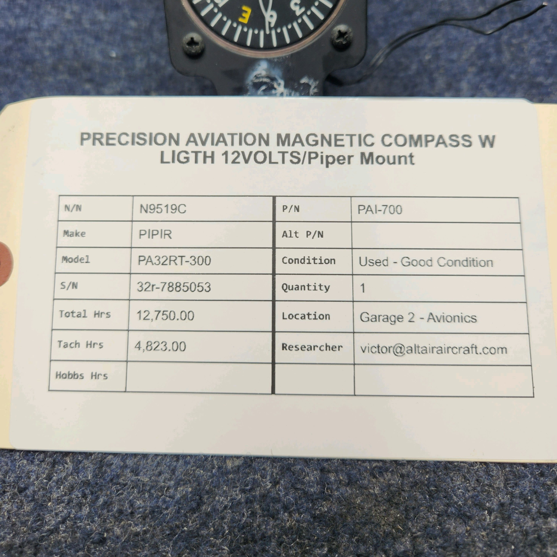 Used aircraft parts for sale, PAI-700 PIPIR PA32RT-300 PRECISION AVIATION MAGNETIC COMPASS W LIGTH 12VOLTS/PIPER MOUNT