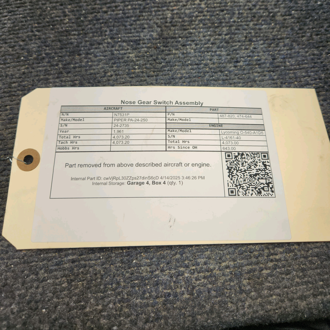 Used aircraft parts for sale, 487-820 PIPER PA-24-250 Nose Gear Switch Assembly