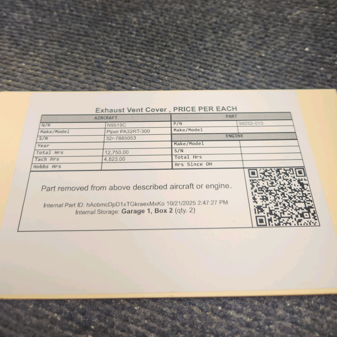 Used aircraft parts for sale, 99252-010 Piper PA32RT-300 Exhaust Vent Cover