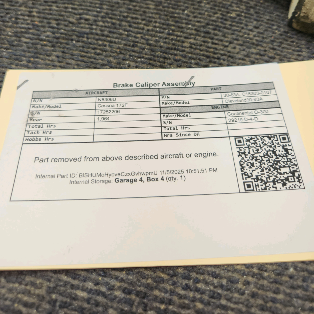 Used aircraft parts for sale, 30-63A Cleveland 30-63A Cessna 172F Brake Caliper Assembly