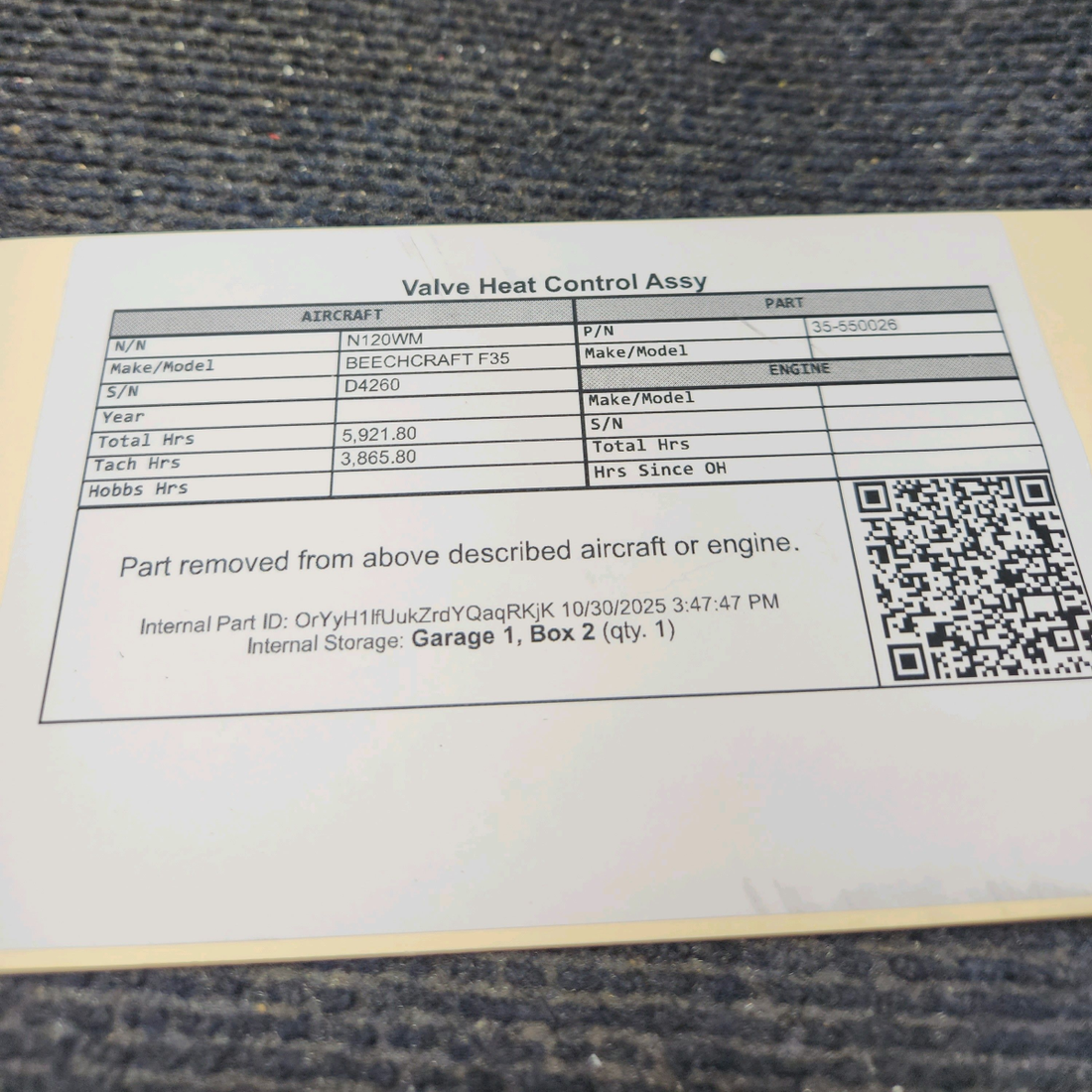 Used aircraft parts for sale, 35-550026 BEECHCRAFT F35 Valve Heat Control Assy