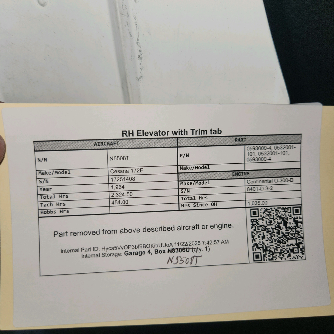 Used aircraft parts for sale, 0593000-4, 0532001-101 Cessna 172E Elevator with Trim Tab - RH