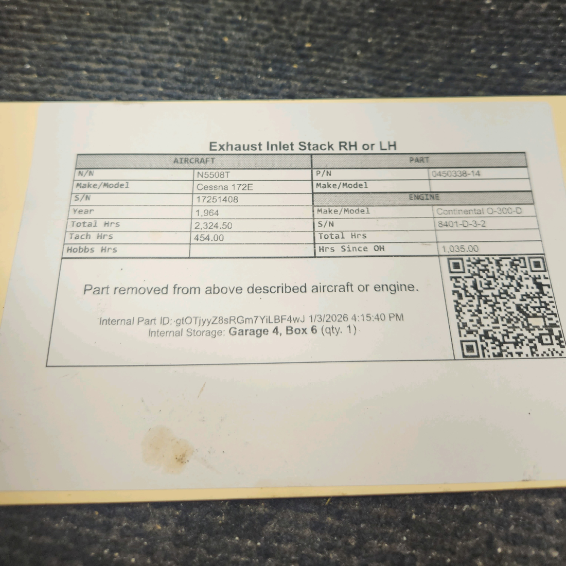Used aircraft parts for sale, 0450338-14 Cessna 172E Exhaust Inlet Stack RH or LH