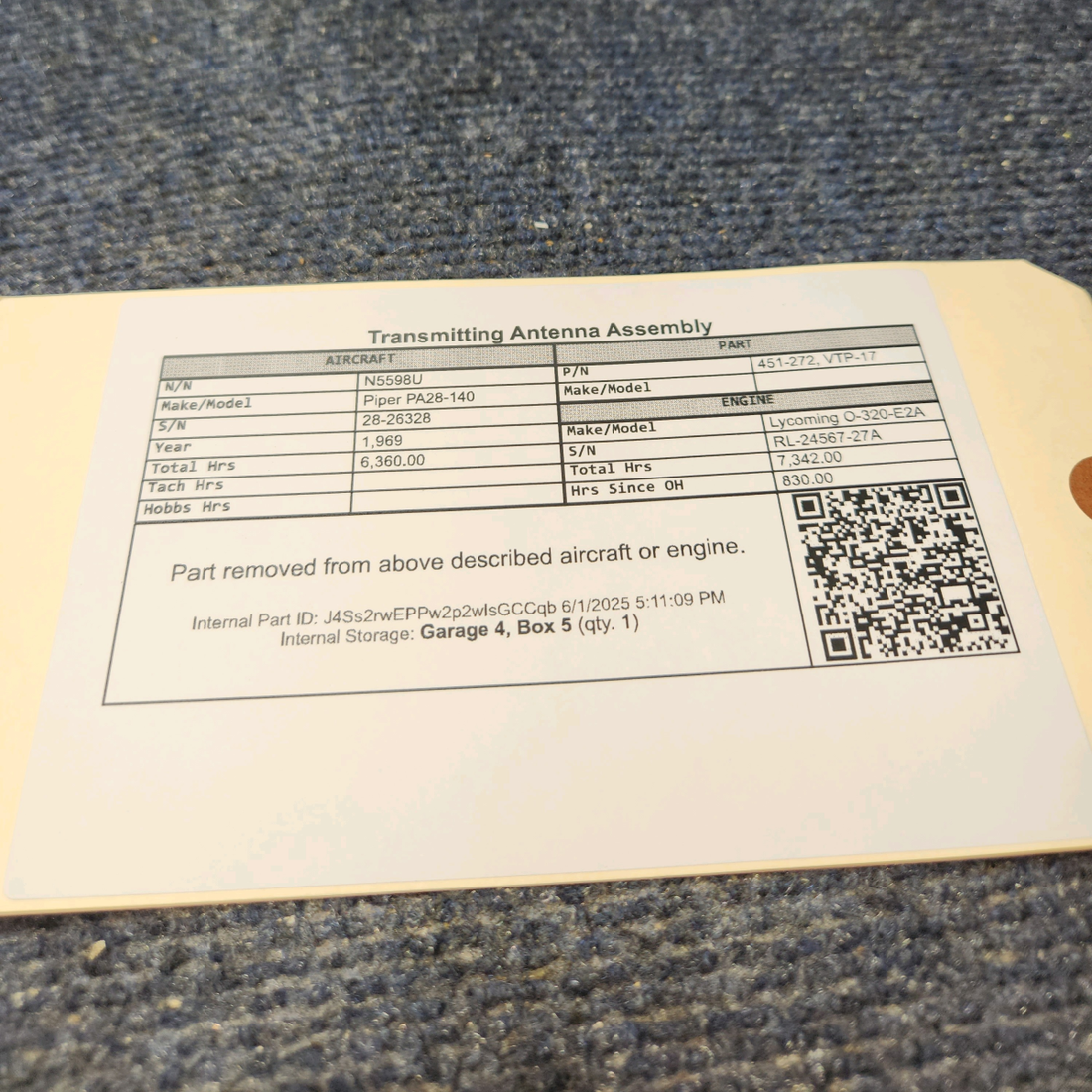 Used aircraft parts for sale, 451-272 Piper PA28-140 Transmitting Antenna Assembly