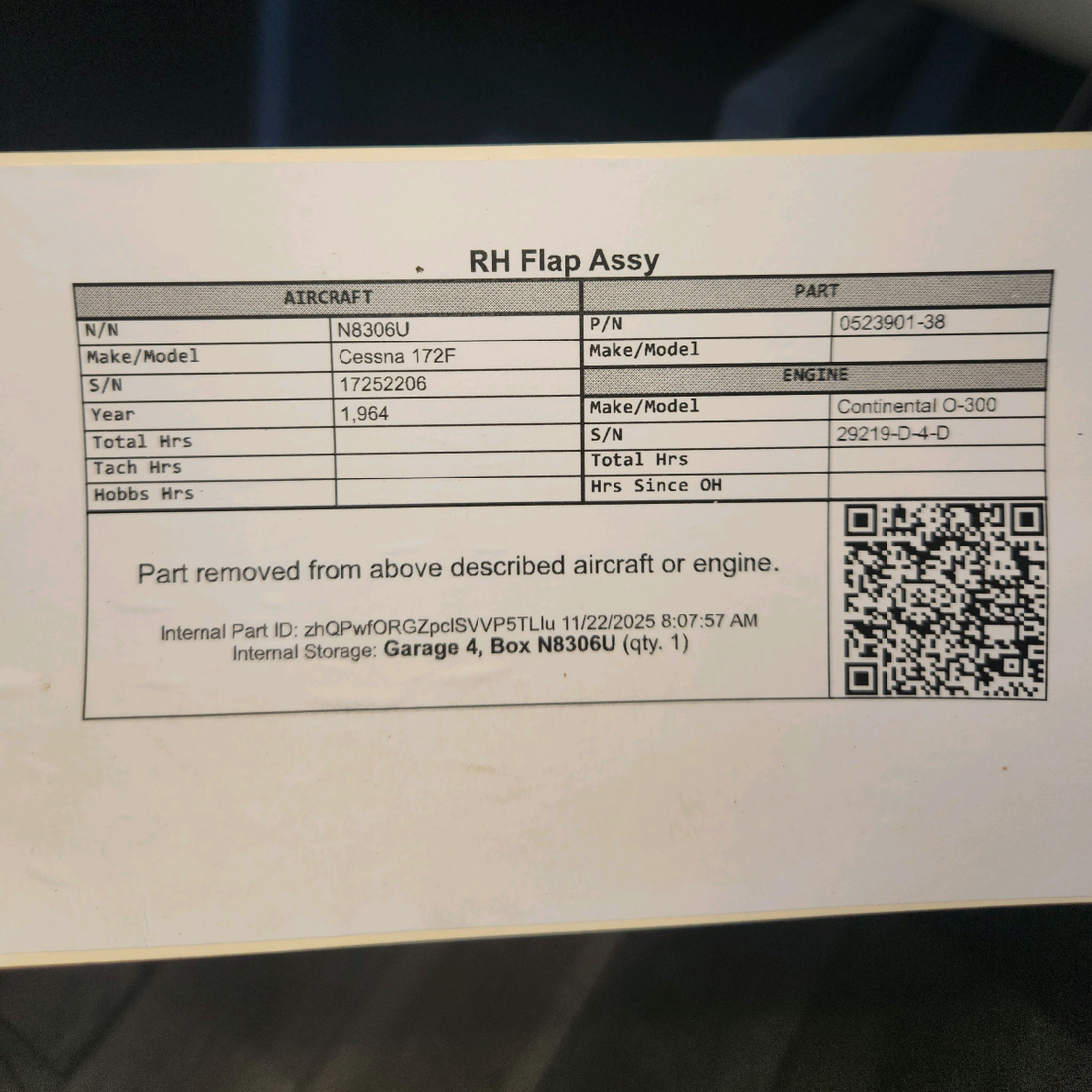 Used aircraft parts for sale, 0523901-38 Cessna 172F Flap Assy - RH