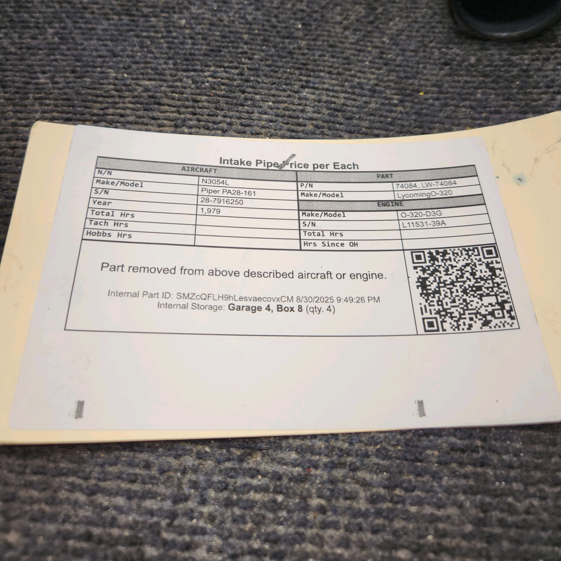 Used aircraft parts for sale, 74084 Lycoming O-320 Piper PA28-161 Intake Pipe  - Price per Each