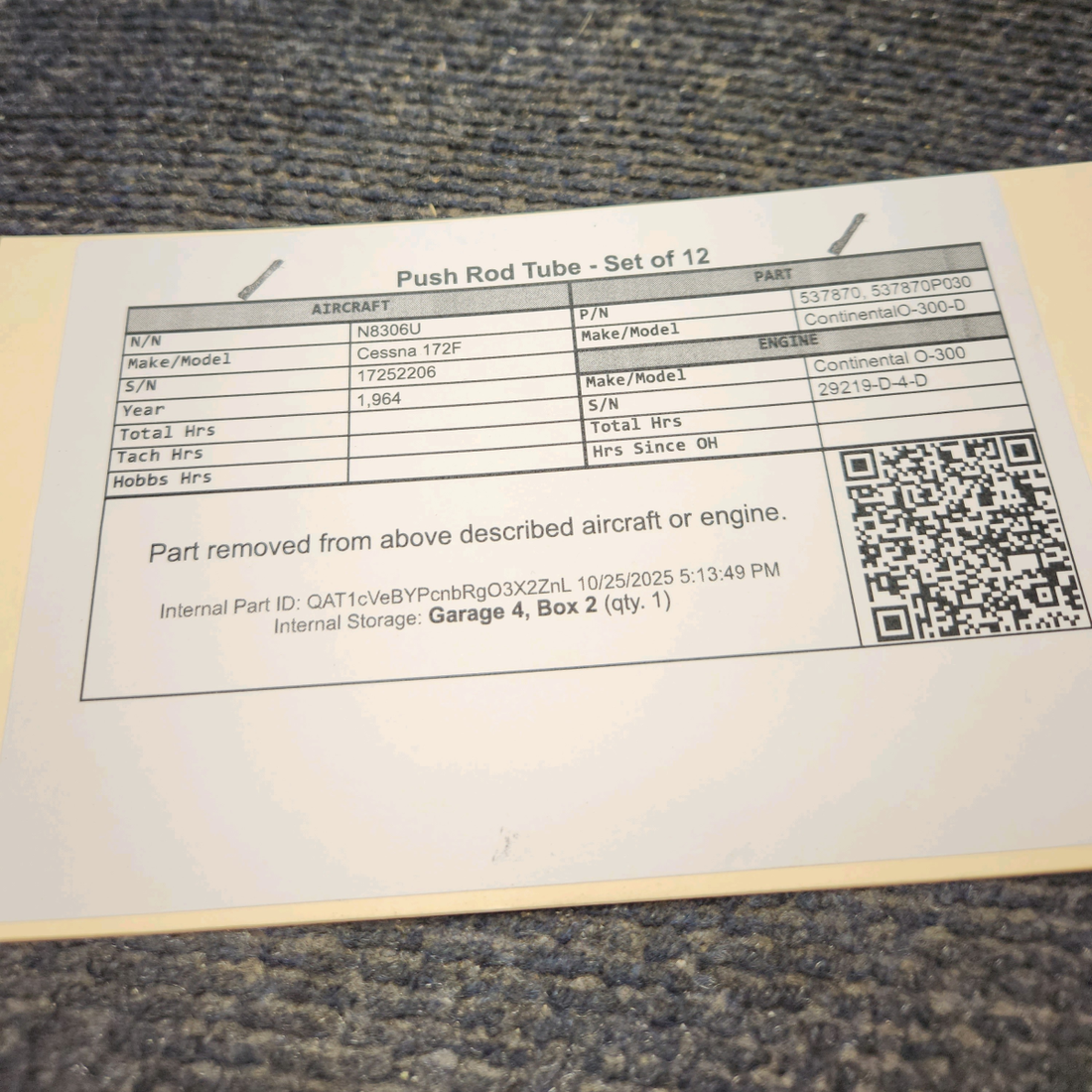 Used aircraft parts for sale, 537870 Continental O-300-D Cessna 172F Push Rod Tube - Set of 12