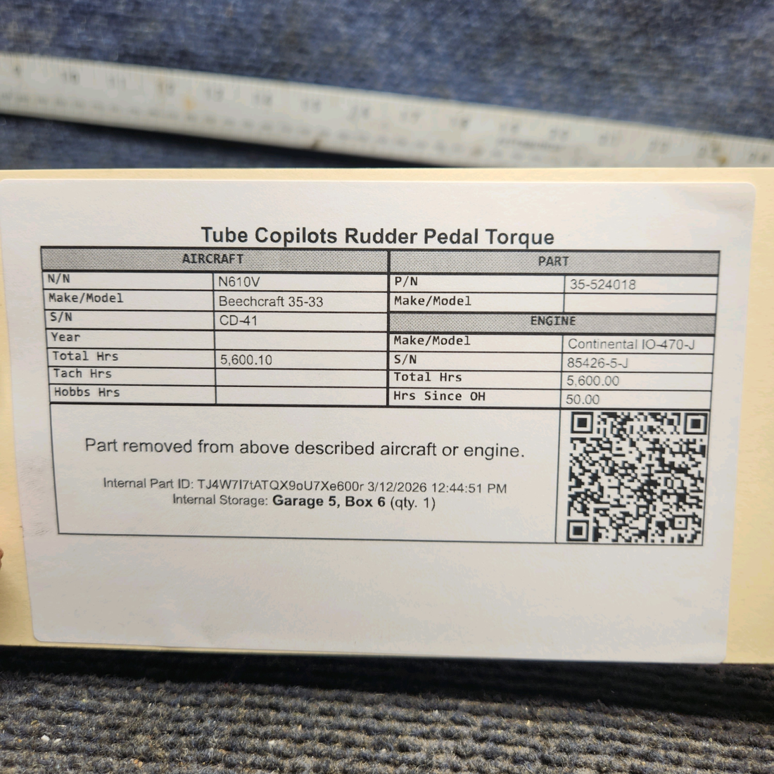 Used aircraft parts for sale, 35-524018 Beechcraft 35-33 Co-Pilot Rudder Pedal Torque Tube