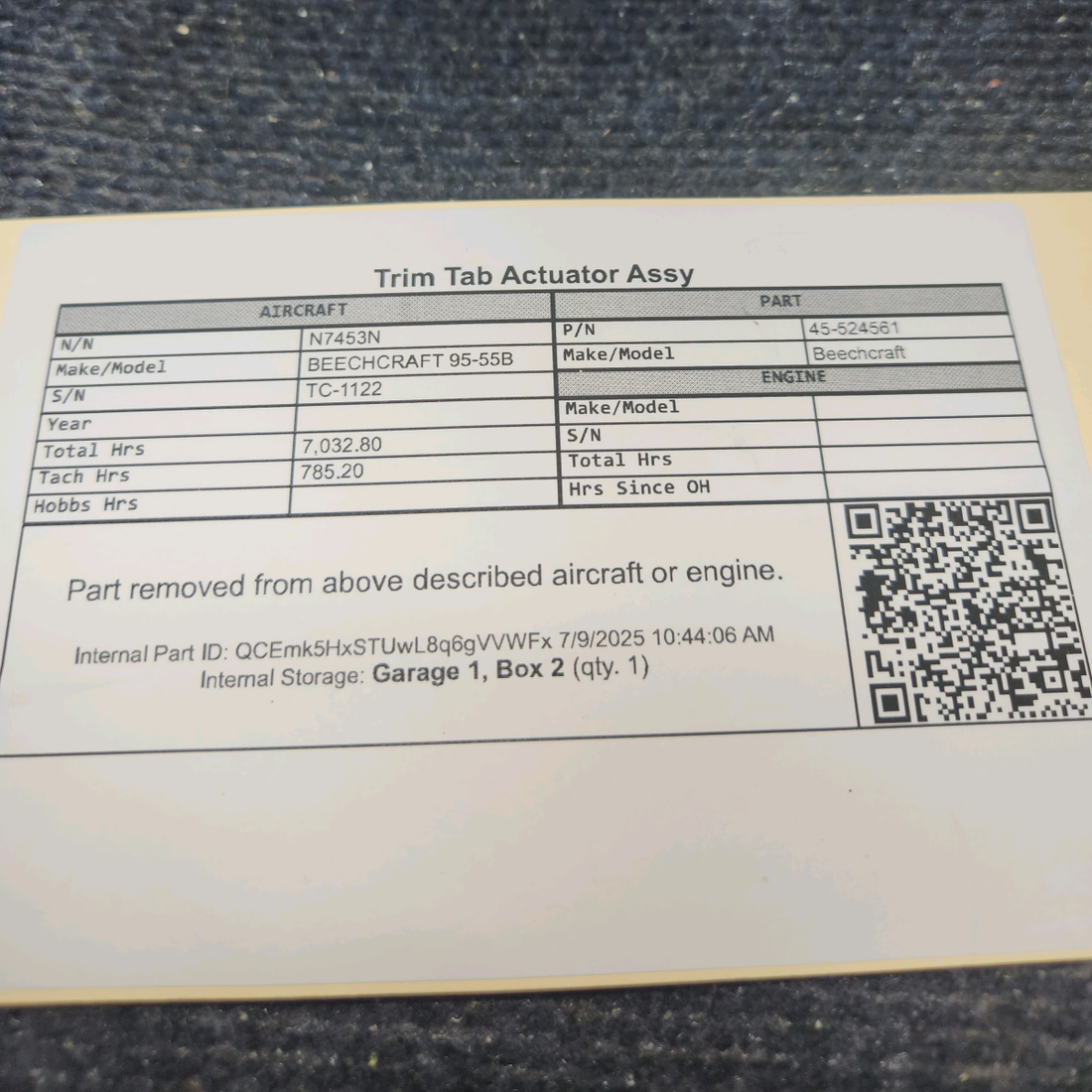 Used aircraft parts for sale, 45-524561 BEECHCRAFT 95-55B Trim Tab Actuator Assy