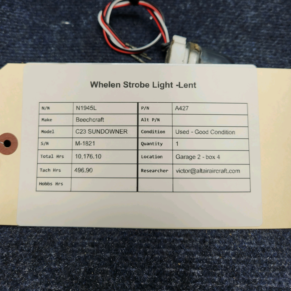 Used aircraft parts for sale, A427 WHELEN Beechcraft C23 SUNDOWNER STROBE LIGHT -LENT
