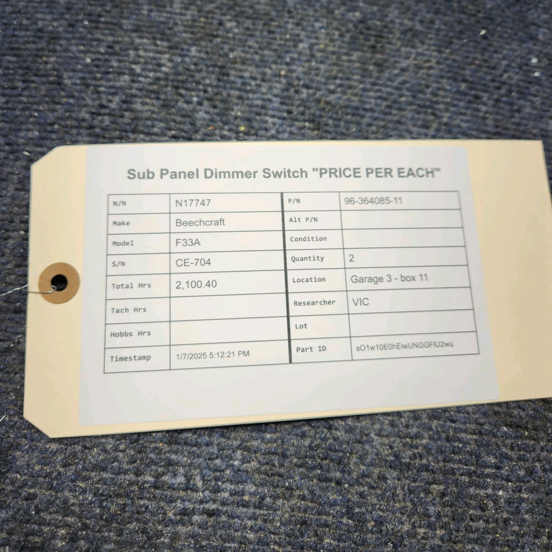 Used aircraft parts for sale, 96-364085-11 Beechcraft F33A SUB PANEL DIMMER SWITCH "PRICE PER EACH"