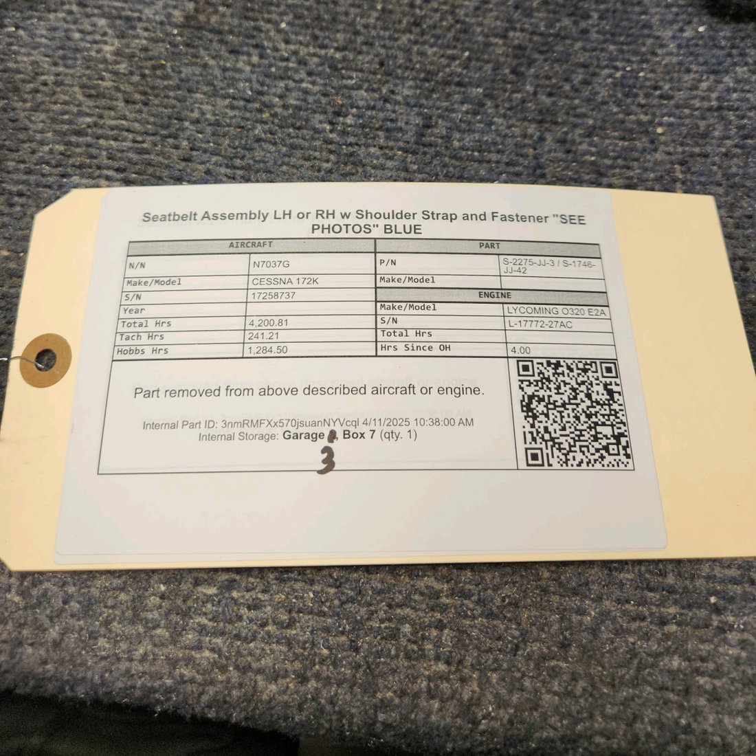 Used aircraft parts for sale, S-2275-JJ-3 / S-1746-JJ-42 CESSNA 172K Seatbelt Assembly LH or RH w Shoulder Strap and Fastener "SEE PHOTOS" BLUE