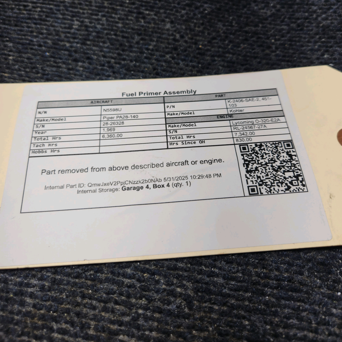 Used aircraft parts for sale, K-2406-SAE-2 Kohler Piper PA28-140 Fuel Primer Assembly