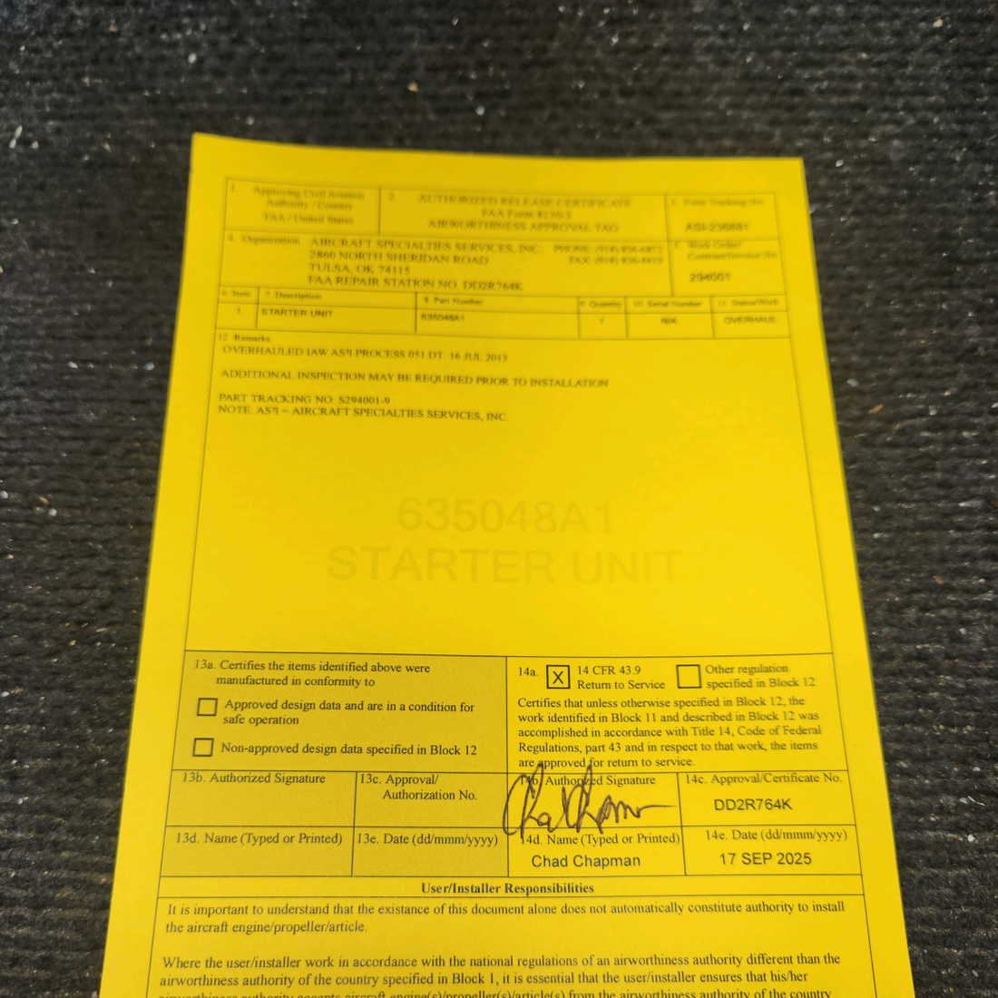 Used aircraft parts for sale, 635048A1 Continental O-300D Cessna 172F Started Adapter Classic Style