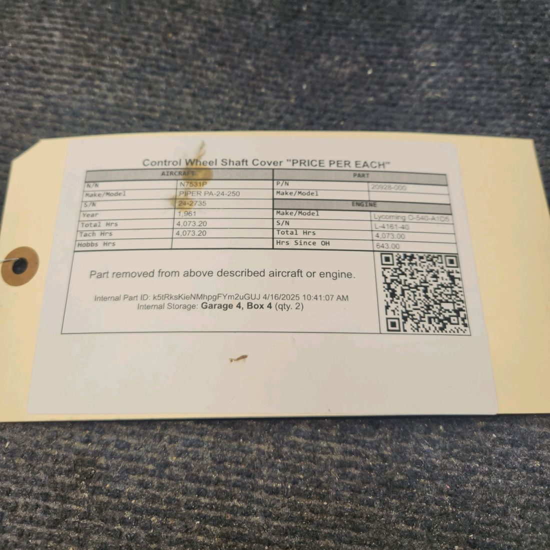 Used aircraft parts for sale, 20928-000 PIPER PA-24-250 Control Wheel Shaft Cover "PRICE PER EACH"