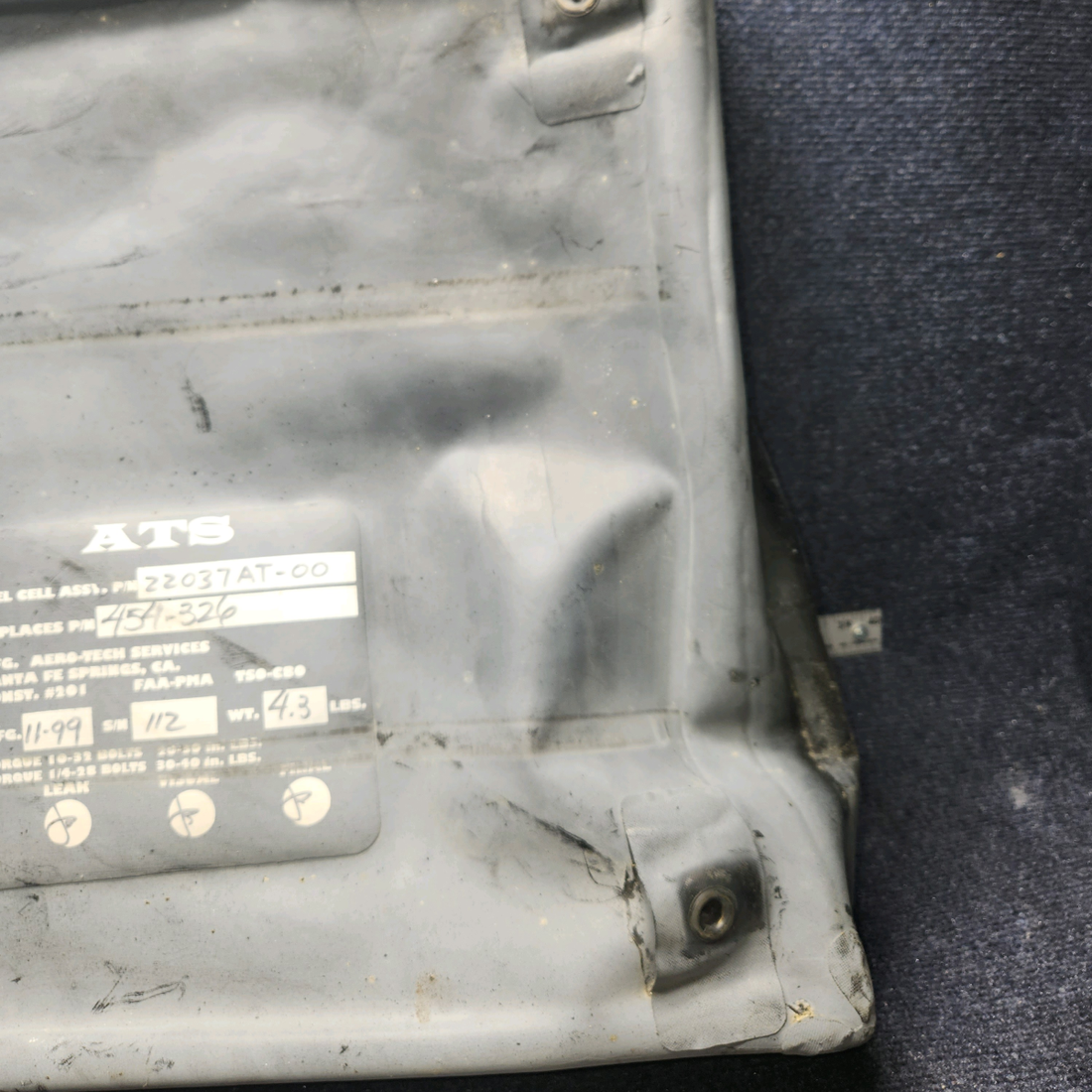 Used aircraft parts for sale, 454-326 PIPER PA-24-250 Fuel Cell, LH Aux Tank, 15 Gallons. MFG 11/1999