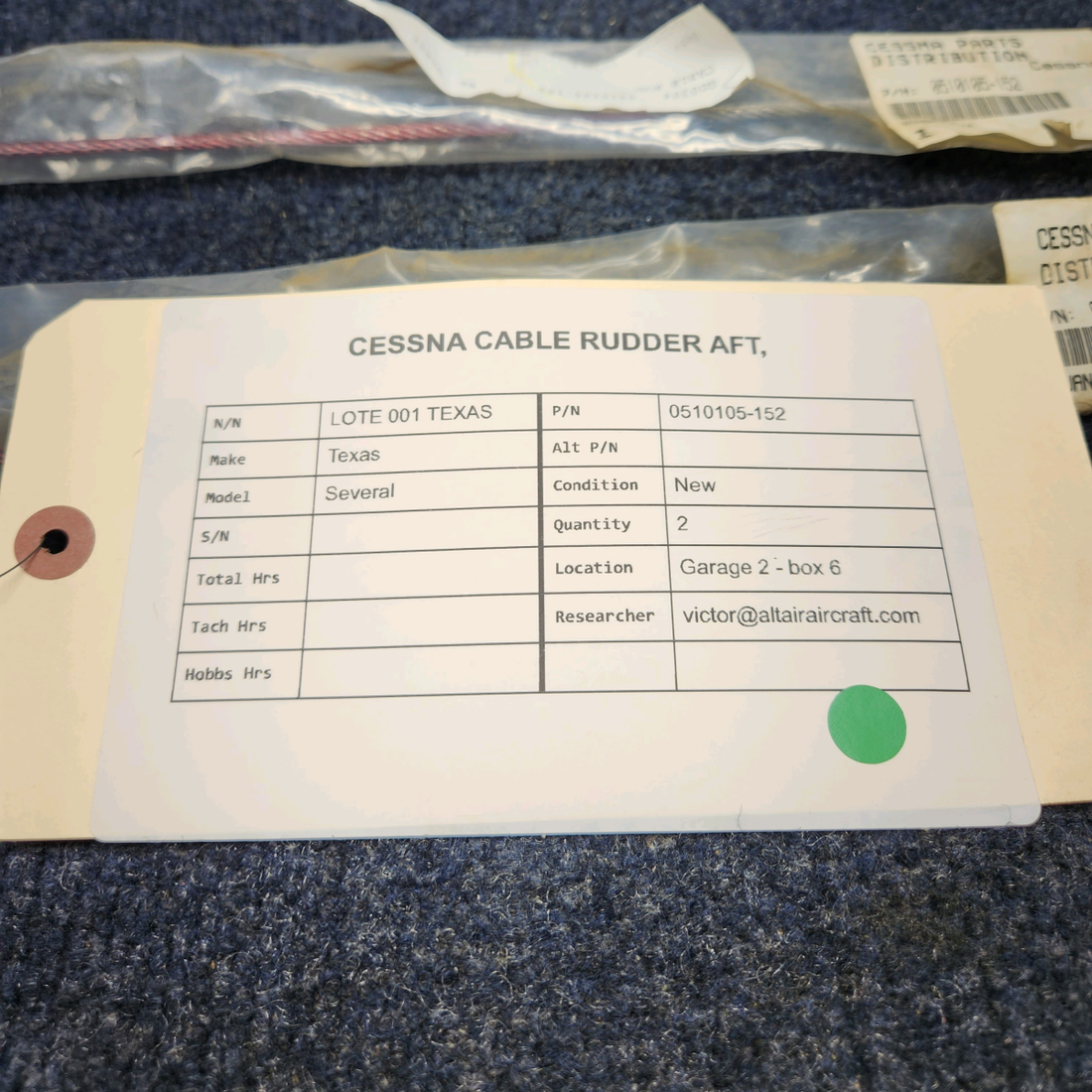 Used aircraft parts for sale, 0510105-152 Texas Several CESSNA CABLE RUDDER AFT, PRICE PER EACH.