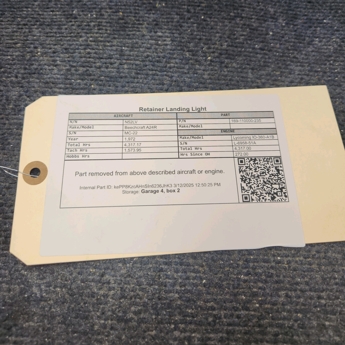 Used aircraft parts for sale, 169-110000-235 Beechcraft A24R Retainer Landing Light