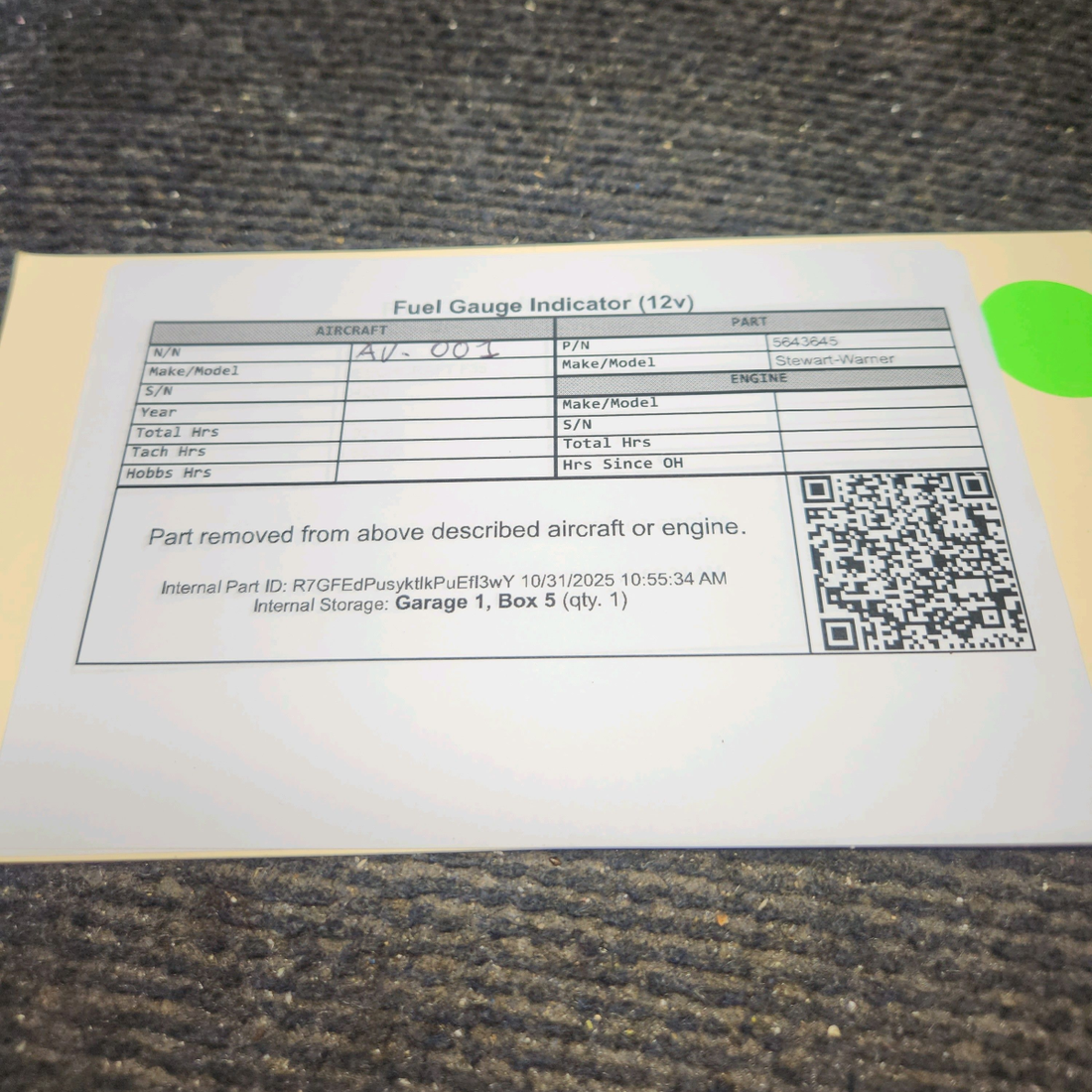 Used aircraft parts for sale, 5643645 Stewart-Warner Piper Fuel Gauge Indicator (12v)