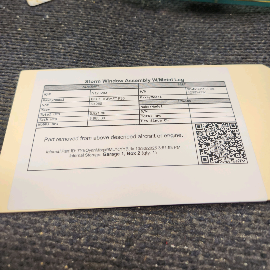 Used aircraft parts for sale, 96-420011-7 BEECHCRAFT F35 Storm Window Assembly w/Metal Leg