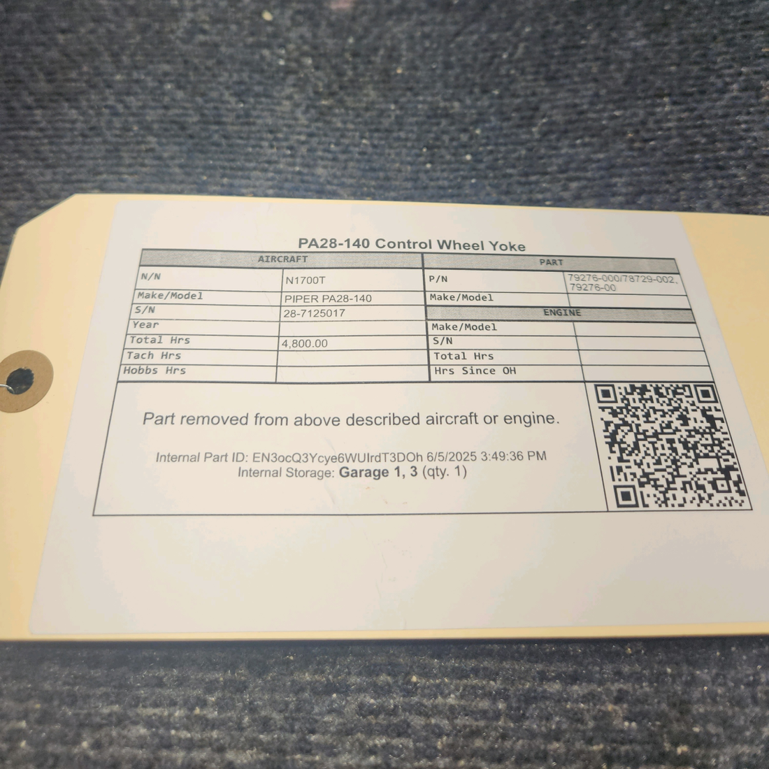 Used aircraft parts for sale, 79276-000, 78729-002 PIPER PA28-140 Control Wheel Yoke - 1.25"
