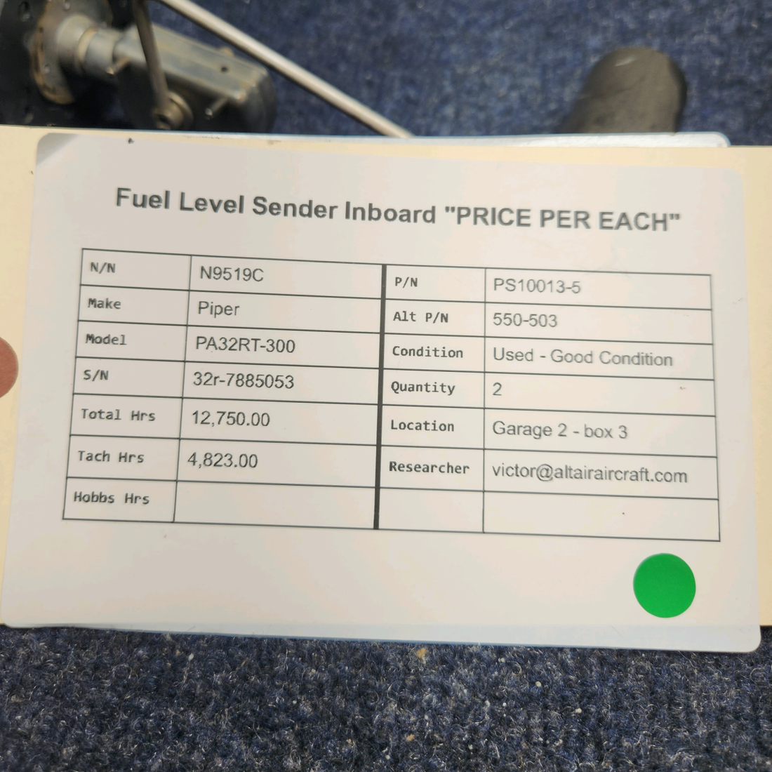 Used aircraft parts for sale, PS10013-5 Piper PA32RT-300 FUEL LEVEL SENDER INBOARD "PRICE PER EACH"