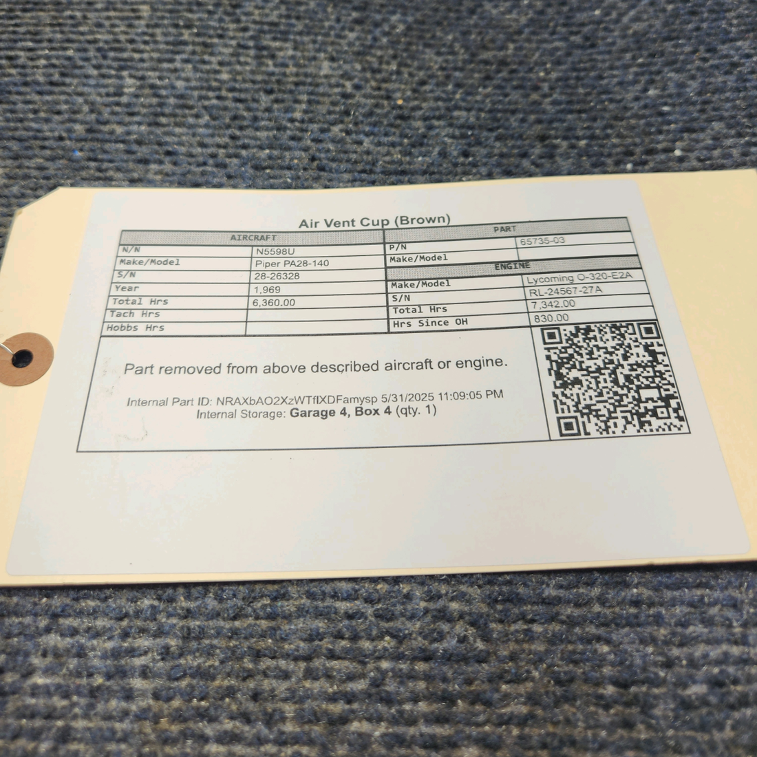 Used aircraft parts for sale, 65735-03 Piper PA28-140 Air Vent Cup (Brown)