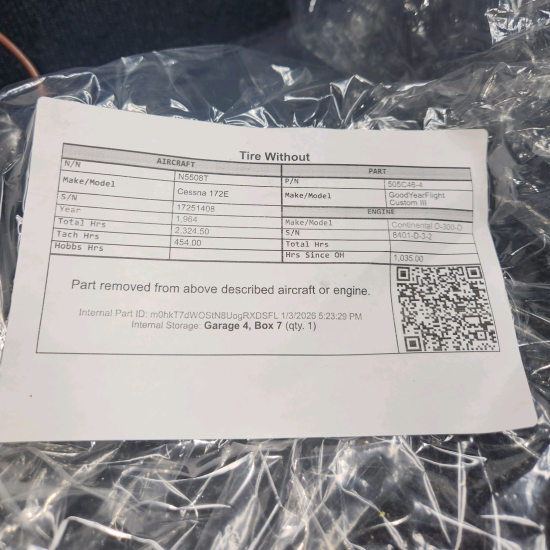 Used aircraft parts for sale, 505C46-4 GoodYear Flight Custom III Cessna 172E Tire With tube.