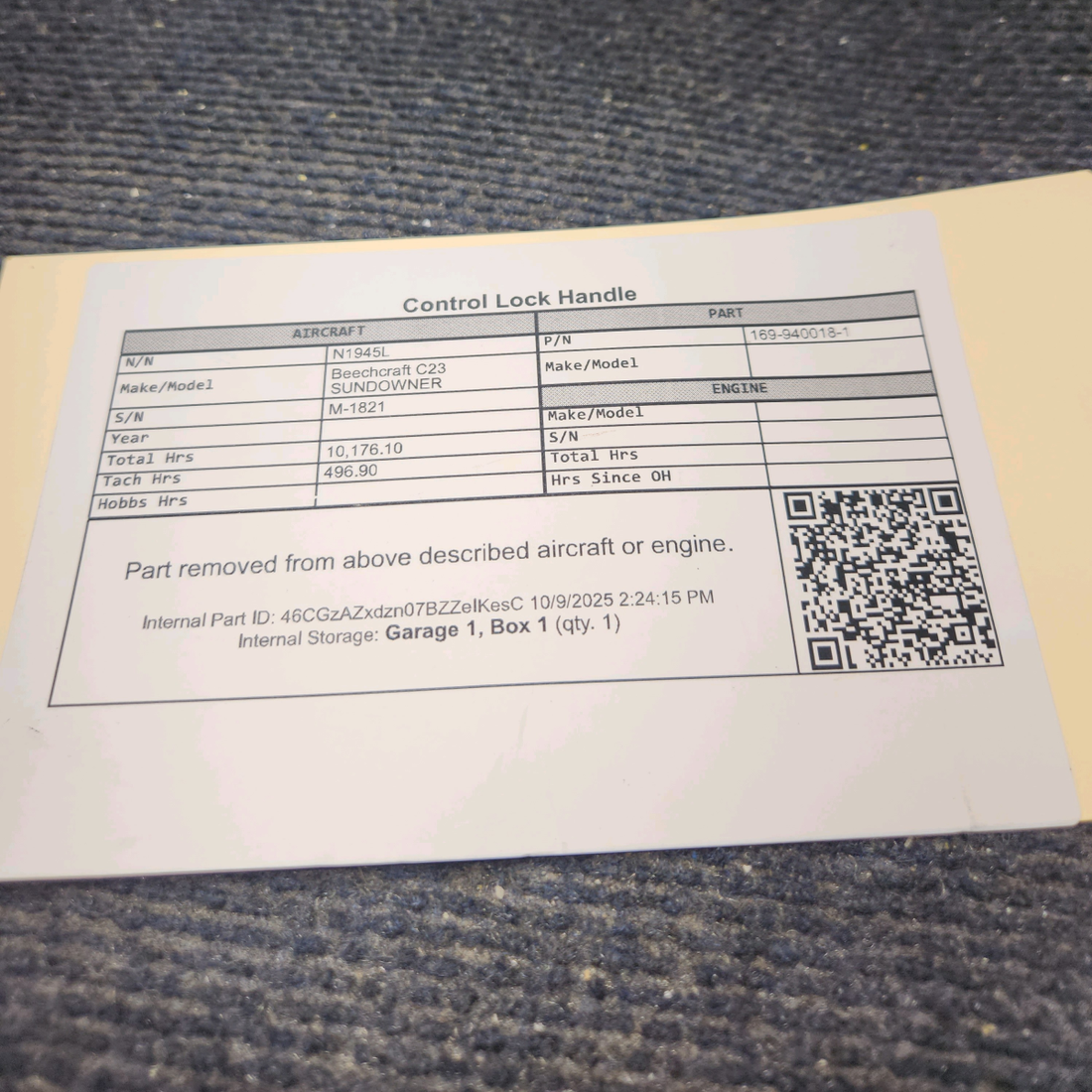 Used aircraft parts for sale, 169-940018-1 Beechcraft C23 SUNDOWNER Control Lock Handle