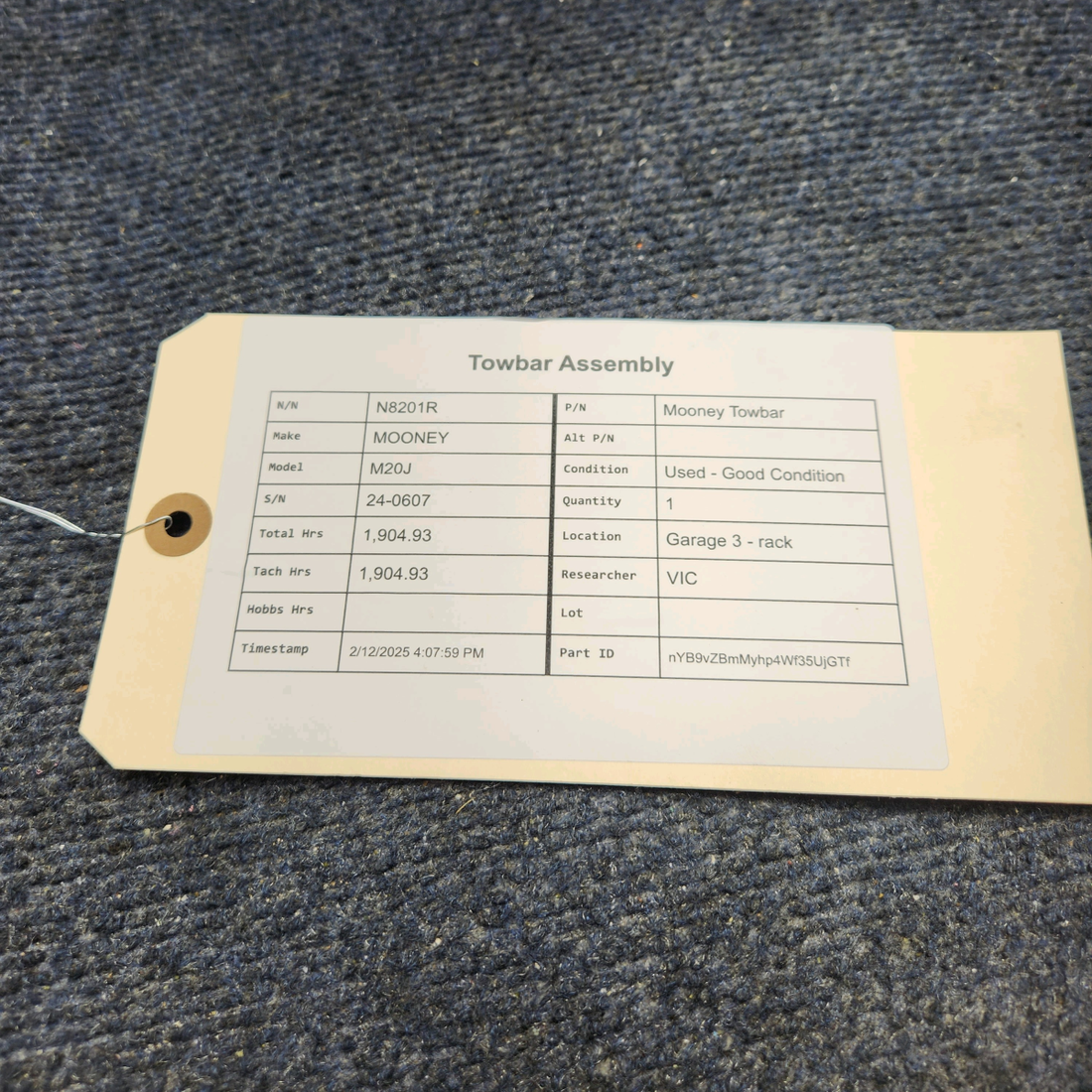 Used aircraft parts for sale, Mooney Towbar Mooney M20J TOWBAR ASSEMBLY