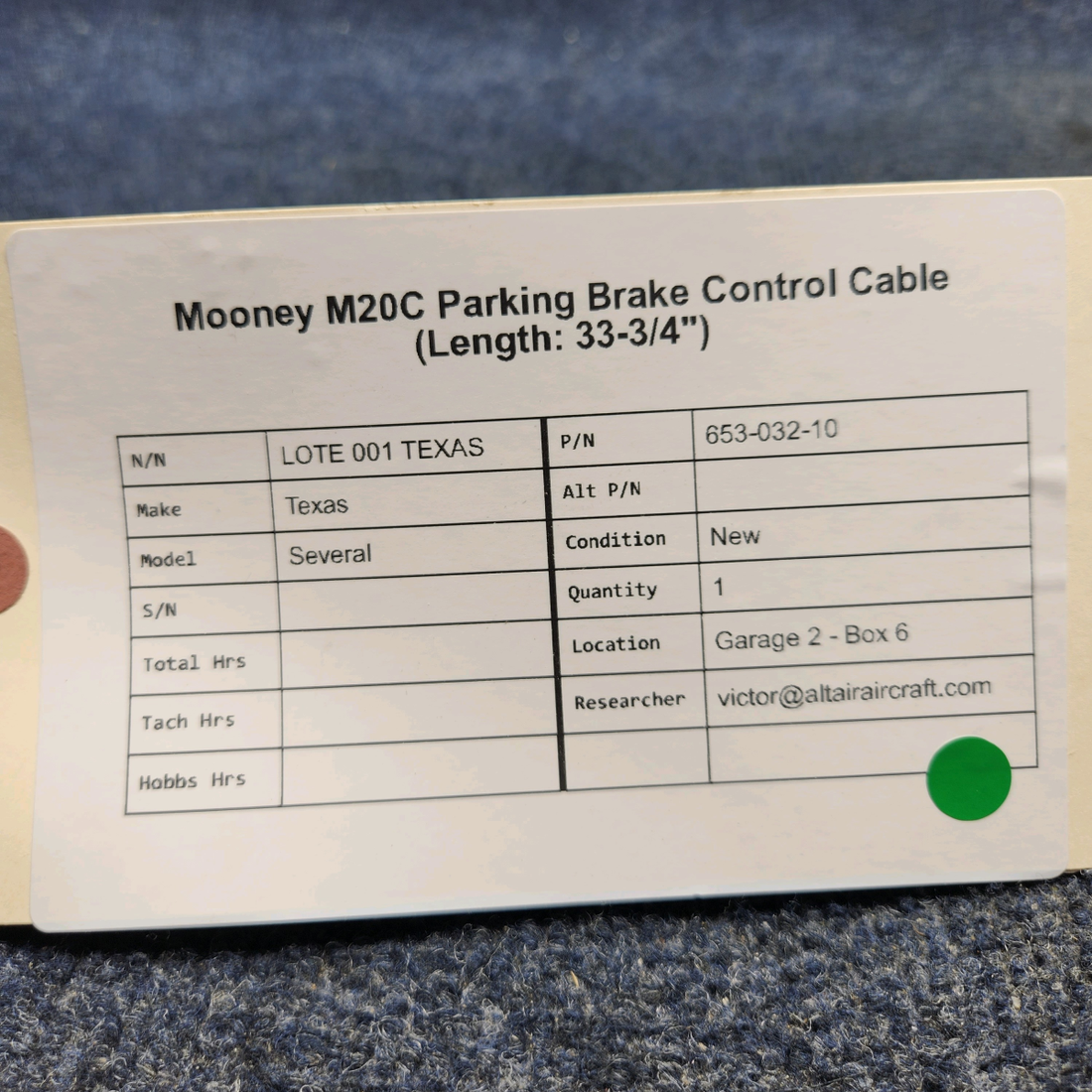 Used aircraft parts for sale, 653-032-10 Mooney  [part_model] Texas Several PARKING BRAKE CONTROL CABLE (LENGTH: 33-3/4")