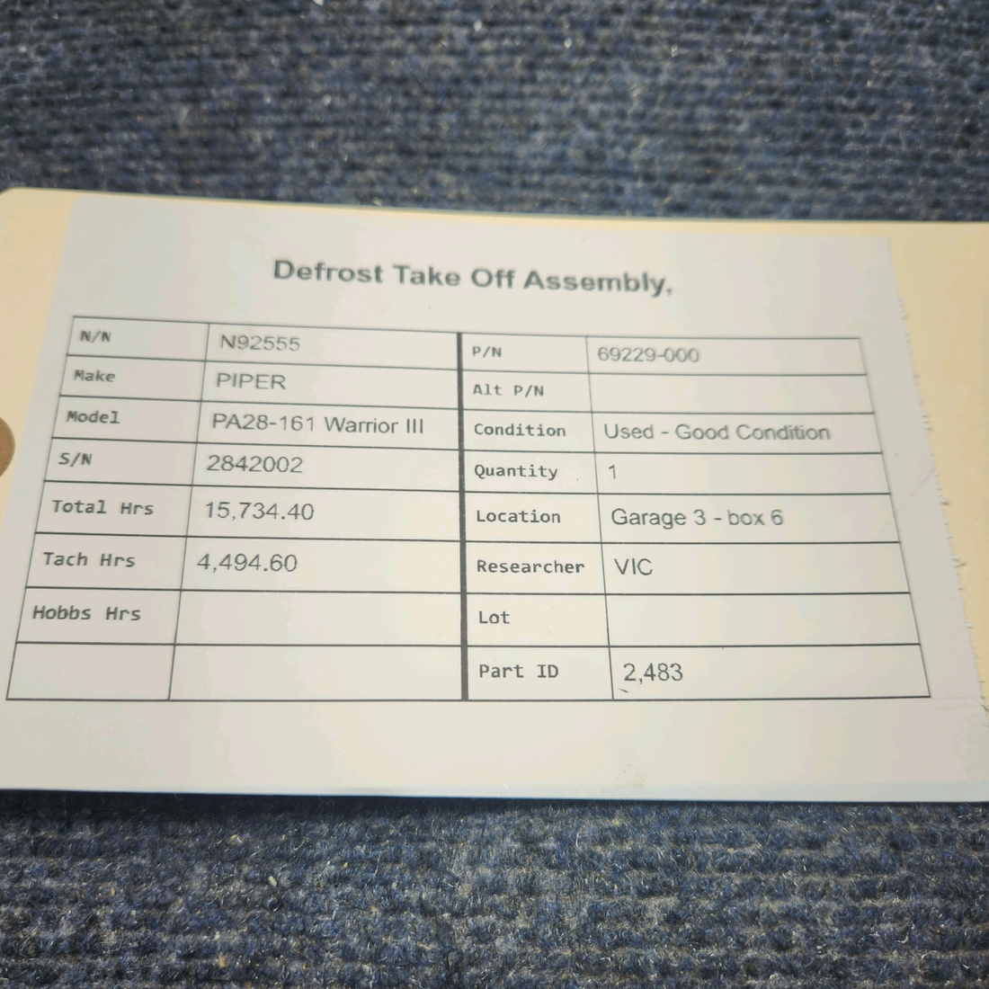 Used aircraft parts for sale, 69229-000 PIPER PA28-161 Warrior III DEFROST TAKE OFF ASSEMBLY,