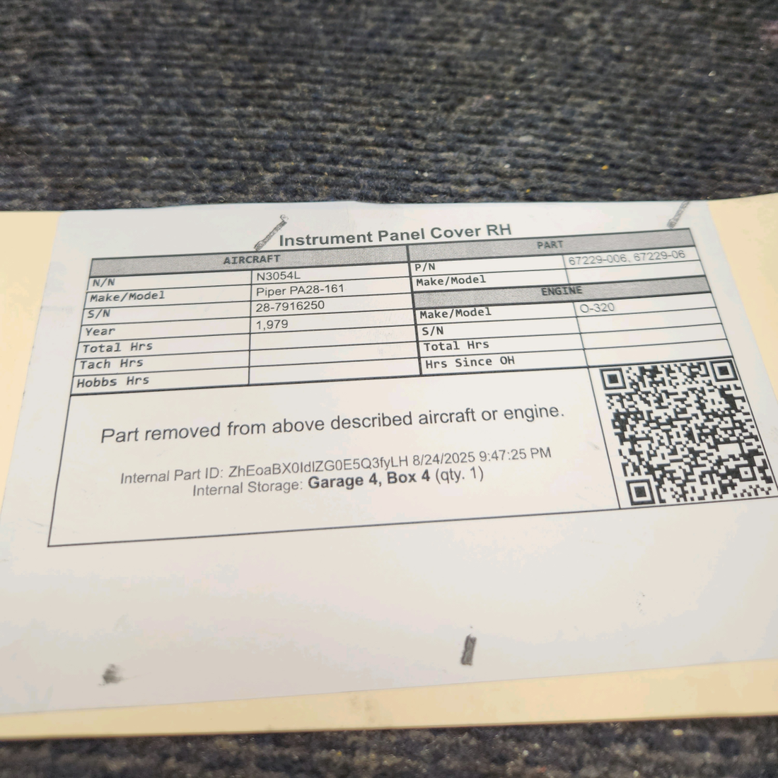 Used aircraft parts for sale, 67229-006 Piper PA28-161 Instrument Panel Cover - RH