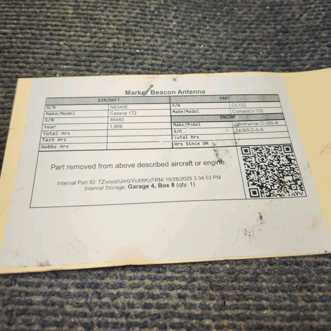 Used aircraft parts for sale, CI-102 Comant CI-102 Cessna 172 Marker Beacon Antenna